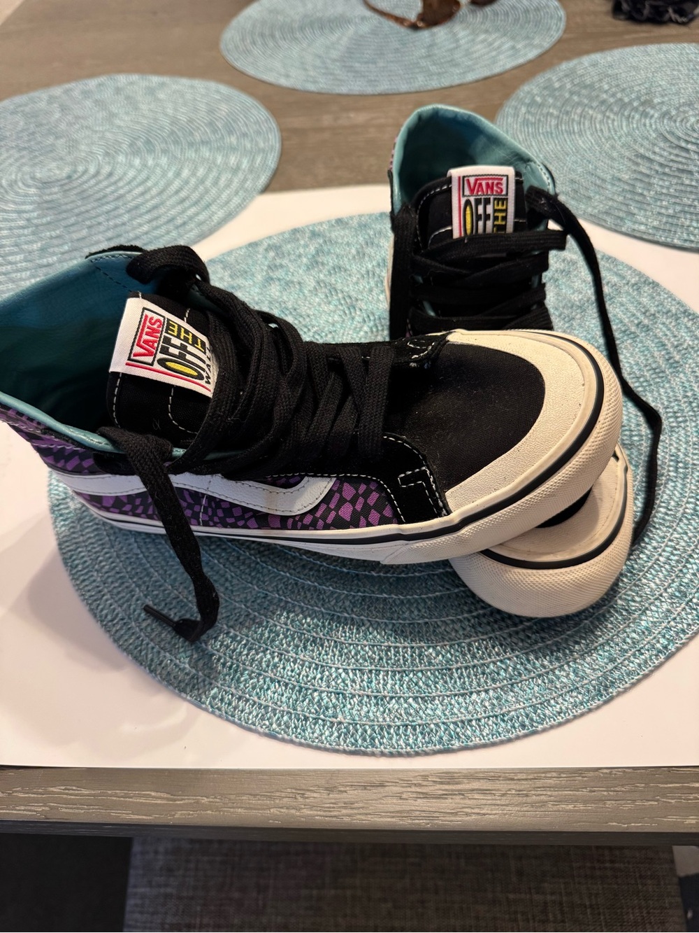 Vans High-Top Skate Shoes - Black with Purple Check